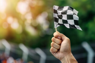 A hand holds a checkered flag, symbolizing the excitement of racing and victory amidst a vibrant outdoor setting. Checkered Flag’s Final Wave