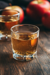 Fresh apple juice  served in a glass on a rustic wooden table
