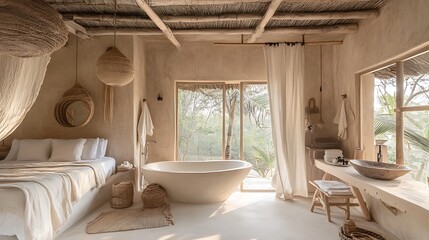 A modern bedroom with an open-plan bathroom featuring a sleek freestanding tub for a relaxing spa-like experience.
