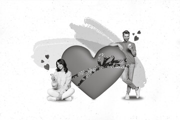 Collage image of pinup pop sketch of smiling couple celebrating 14 february in instagram twitter facebook isolated painting background
