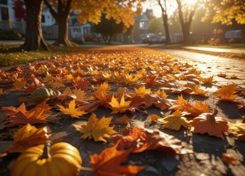 The golden glow of sunset casting light on fallen maple leaves and pumpkins in the yard, pumpkin, sun