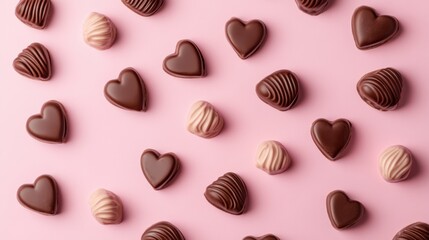 Fototapeta premium A Symphony of Hearts: A Delightful Collection of Exquisite Chocolate Hearts, Beautifully Displayed on a Pastel Pink Surface, Creating a Scene of Pure Romance and Sweet Indulgence