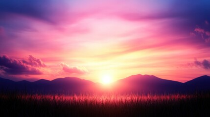 Obraz premium Vibrant sunset over tranquil mountain landscape.