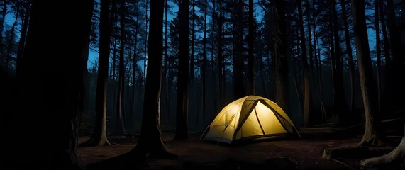 Mysterious camping tent set against dark woods at night highlighted by soft light inviting adventure and exploration in nature