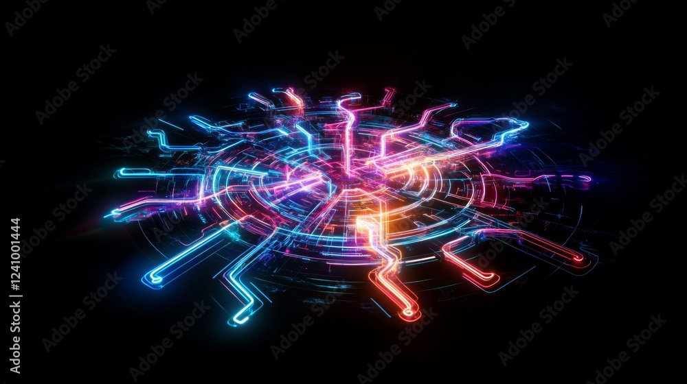Poster colorful abstract digital pattern with glowing lines in a dark background