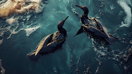Obraz premium Oil Spill Tragedy: A stark and poignant image of three seabirds coated in thick oil, struggling to survive in a polluted ocean.