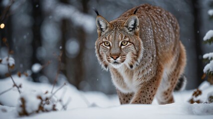 Fototapeta premium Majestic lynx prowling through a snowy forest, showcasing its alertness amidst falling snowflakes