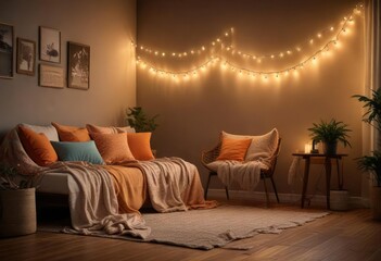 The soft glow of string lights illuminates a room filled with comfortable seating and plush blankets, quiet, relaxation, twinkling lights