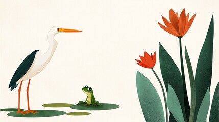 A whimsical illustration featuring a heron and a frog by a lily pad, accompanied by vibrant flowers.