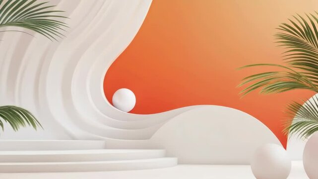 White and orange wall with a white pillar and a white archway. The archway is surrounded by three white spheres. The wall is decorated with a few green leaves