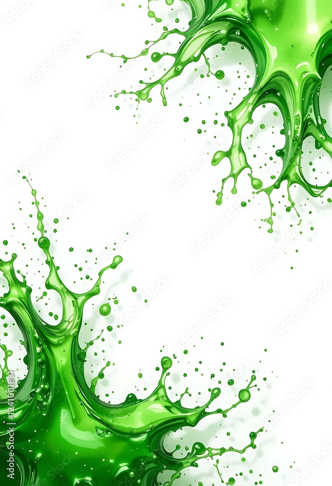 Poster green liquid splashing dynamically across white background