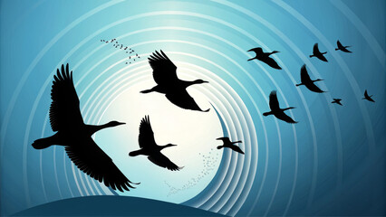Fototapeta premium Minimalist Black Silhouettes of Birds on Gradient Blue Sky