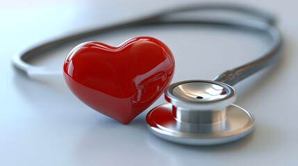 Heartfelt Healthcare: A red heart, symbolizing love and life, rests beside a gleaming stethoscope, representing medical care and attention. This image evokes a sense of compassion, health.