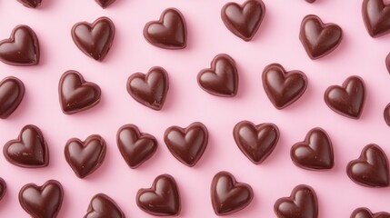 Fototapeta premium A Symphony of Hearts: A Delightful Collection of Exquisite Chocolate Hearts, Beautifully Displayed on a Pastel Pink Surface, Creating a Scene of Pure Romance and Sweet Indulgence