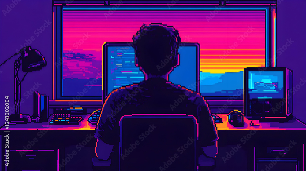 Poster pixel art depicting a person working at a computer in a room with a vibrant sunset view. the image c