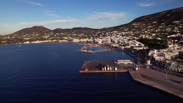 Drone shot of the port, the harbour and the town of Parikia of Paros in Greece