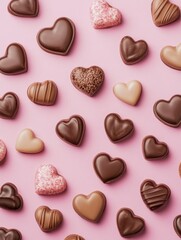 Fototapeta premium A Symphony of Hearts: A Delightful Collection of Exquisite Chocolate Hearts, Beautifully Displayed on a Pastel Pink Surface, Creating a Scene of Pure Romance and Sweet Indulgence