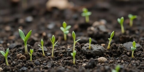 Tiny green sprouts of corn emerging from the soil, nature scene, soil emergence