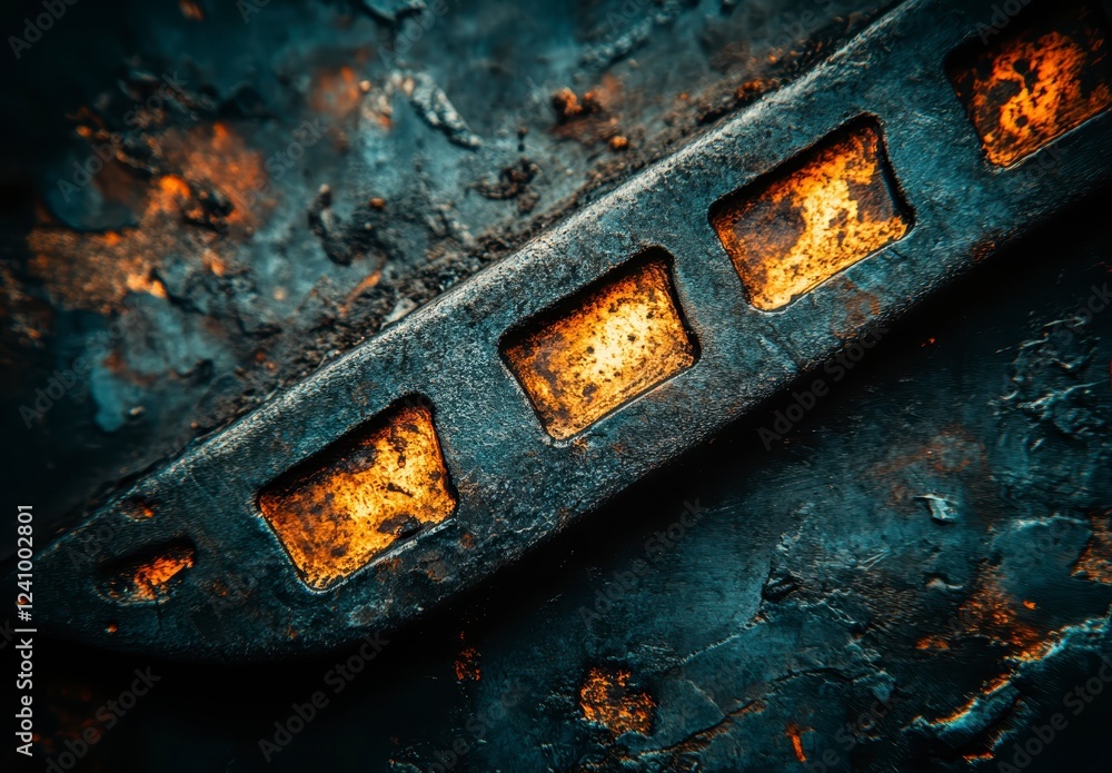 Poster close up view of a metallic object, dark gray and black with textured surface. golden or burnt orang