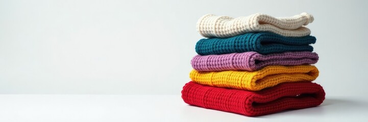 Folded sweater tower in isolation on white surface, knitwear, stacking clothes