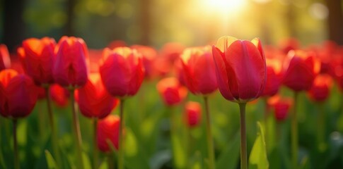 Naklejka premium Field of burgundy tulips with sunlight filtering through, spring flowers, light filtering through flowers