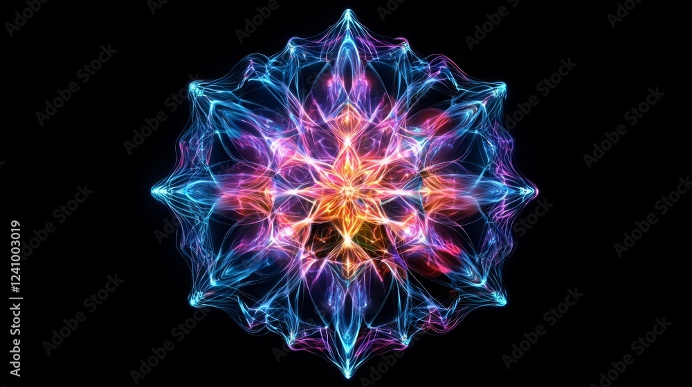 Poster vibrant abstract pattern with luminous colors creating a dynamic visual effect in dark background