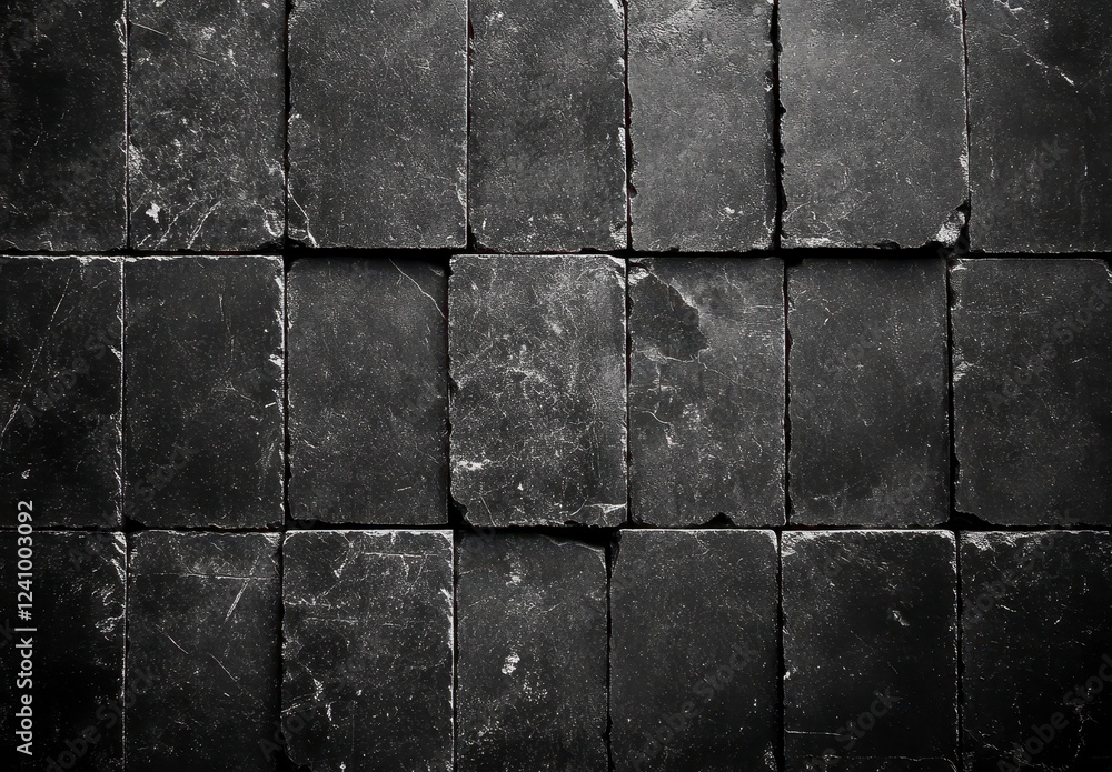 Poster dark gray stone pavement texture, close up view, showing rectangular paving stones arranged in a gri