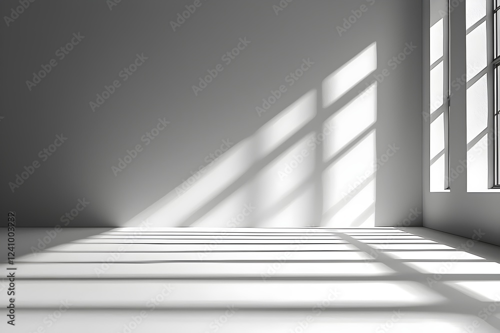 Poster a minimalist interior scene featuring a bright room with soft shadows created by sunlight filtering 