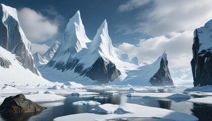 Towering iceberg peaks in a snow-shrouded Arctic landscape , arctic scenery, cold climate, mountainous ice