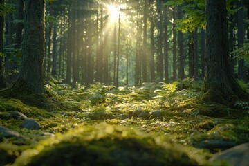 Obraz premium serene forest scene with sunlight filtering through trees, illuminating lush greenery and ferns. tranquil atmosphere invites sense of peace and connection with nature