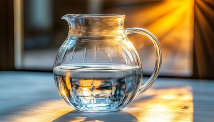 Classic Glass Pitcher Filled with Water, Bathed in Warm Morning Sunlight on a Kitchen Counter