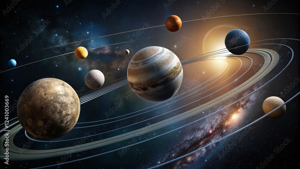 Poster celestial curves: elliptical orbits of dwarf planets in the vast vacuum of space