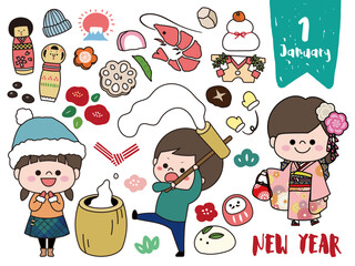 1月・正月ともちつきの手書き風セット素材