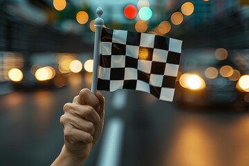 A close-up of a hand holding a checkered flag against a blurred city street, signaling the start of a race. Checkered Flag&rsquo;s Final Wave