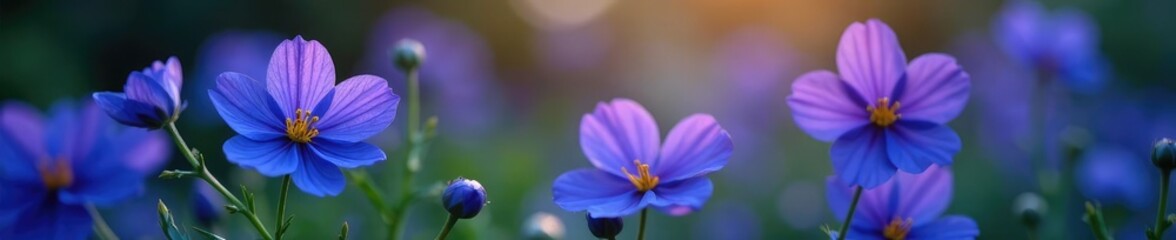 Fototapeta premium Dark blue flowers blooming in a garden with sparkly effect, garden, purple