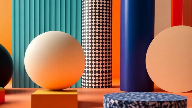 Colorful display of geometric shapes and spheres on a table. The shapes are arranged in a way that creates a sense of balance and harmony. The colors are bright and bold