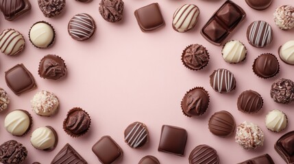 Fototapeta premium A Symphony of Hearts: A Delightful Collection of Exquisite Chocolate Hearts, Beautifully Displayed on a Pastel Pink Surface, Creating a Scene of Pure Romance and Sweet Indulgence