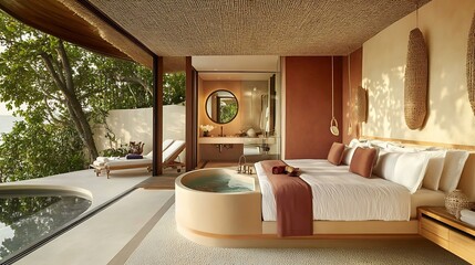 A modern bedroom with an open-plan bathroom featuring a sleek freestanding tub for a relaxing spa-like experience.
