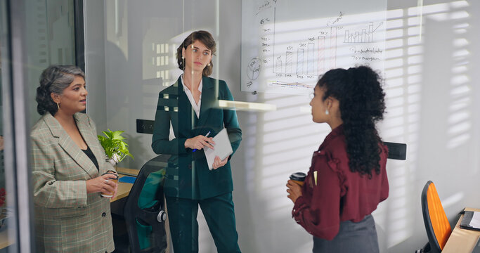 Young adult boss female leader talk share stock idea show growth chart graph data on white board place old elder older lady teen girl intern staff team expert group listen work plan job office glass