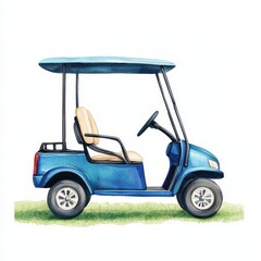 Watercolor Painting of a Blue Golf Cart on Grass Side View Illustration
