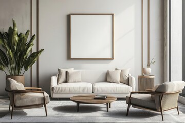 a modern living room showcases a frame mockup on a wall, surrounded by elegant decor, creating a stylish and inviting atmosphere in this interior mockup