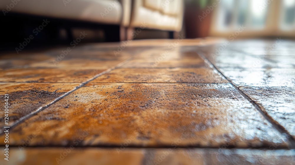 Poster close up of textured floor surface with visible dirt and stains, showcasing rustic appearance. warm 