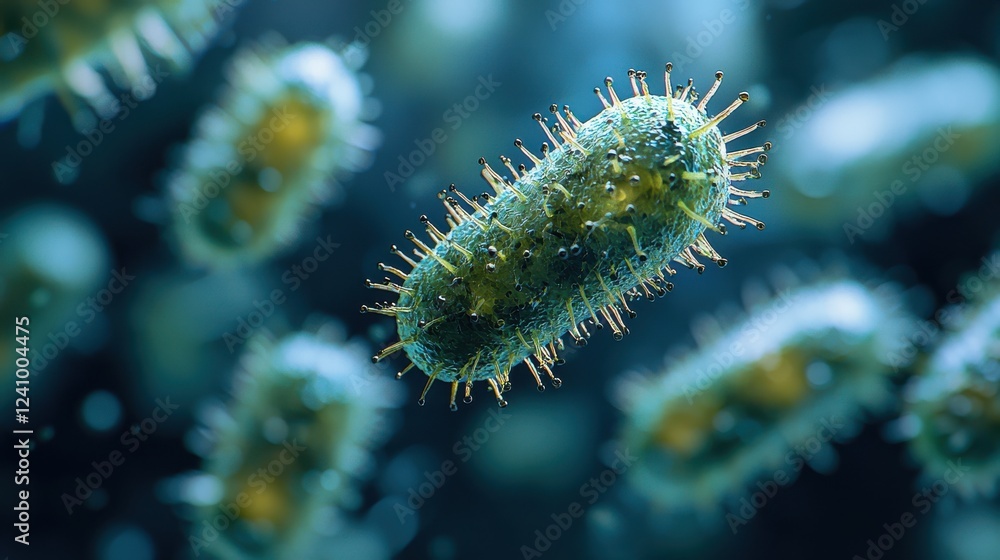 Poster close up of microscopic bacterium with spiky surface details, showcasing its unique structure and vi