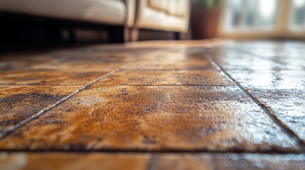 Close up of textured floor surface with visible dirt and stains, showcasing rustic appearance. warm tones create cozy atmosphere in room