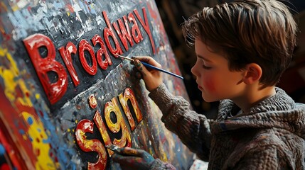 Close-Up. A boy in the USA painting a pretend â€œBroadway signâ€ for a homemade theater setup