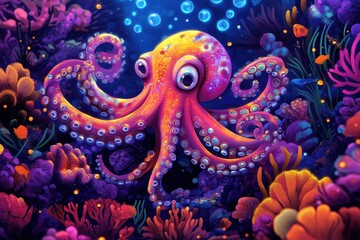 Obraz premium Vibrant Octopus in a Luminous Underwater Coral Reef