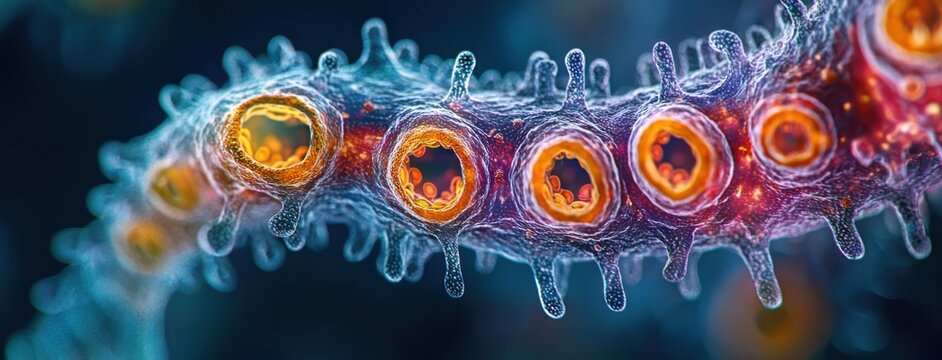 Close up of colorful parasite under microscope, showcasing intricate details and vibrant colors. image highlights unique structure and biological features of organism