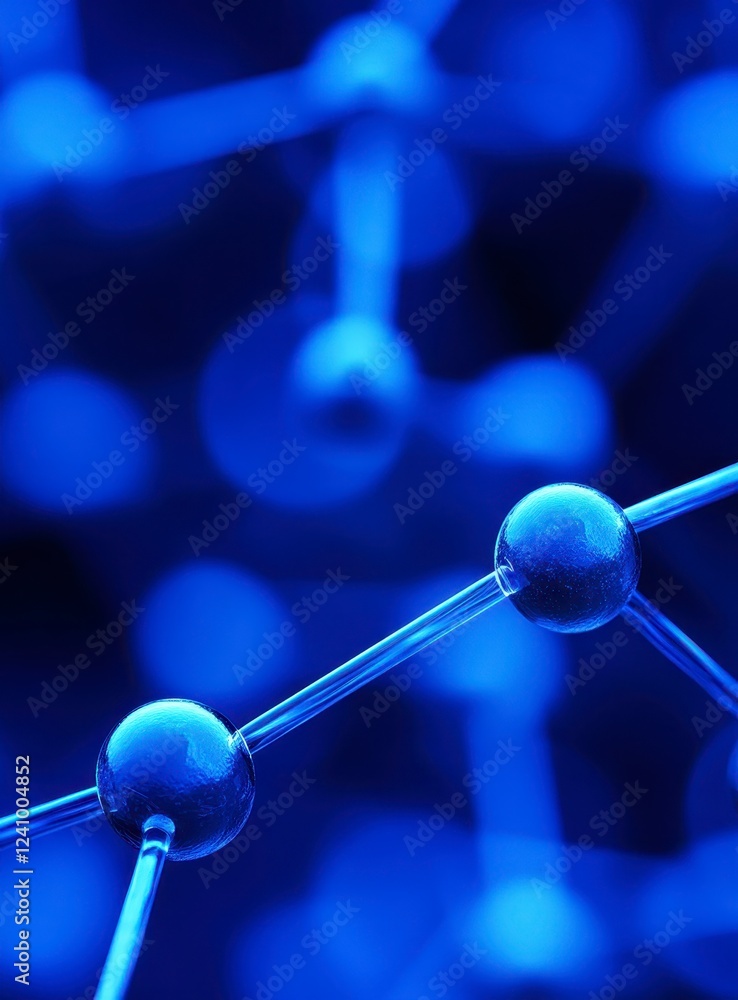 Poster close up view of intricate molecular structures, depicted in deep blue tones. the image showcases a 