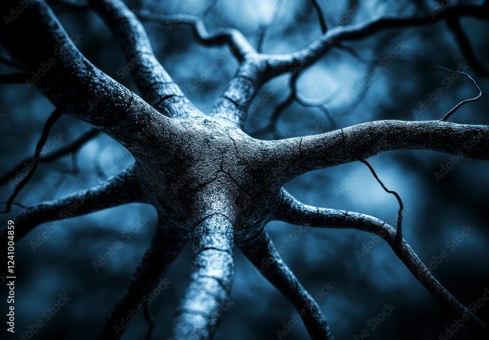 Poster close up view of a complex neuron network, intricate branches and nodes detailed in a dark, muted bl