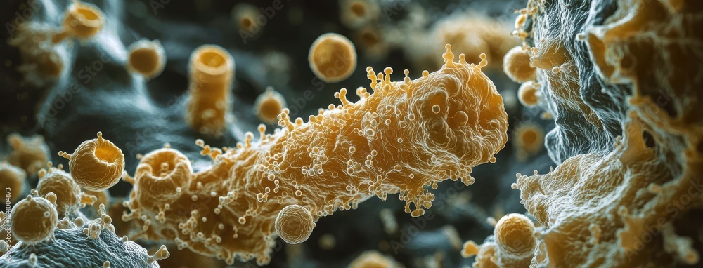 Poster detailed shot of bacterium under microscope, showcasing intricate structures and textures. image cap